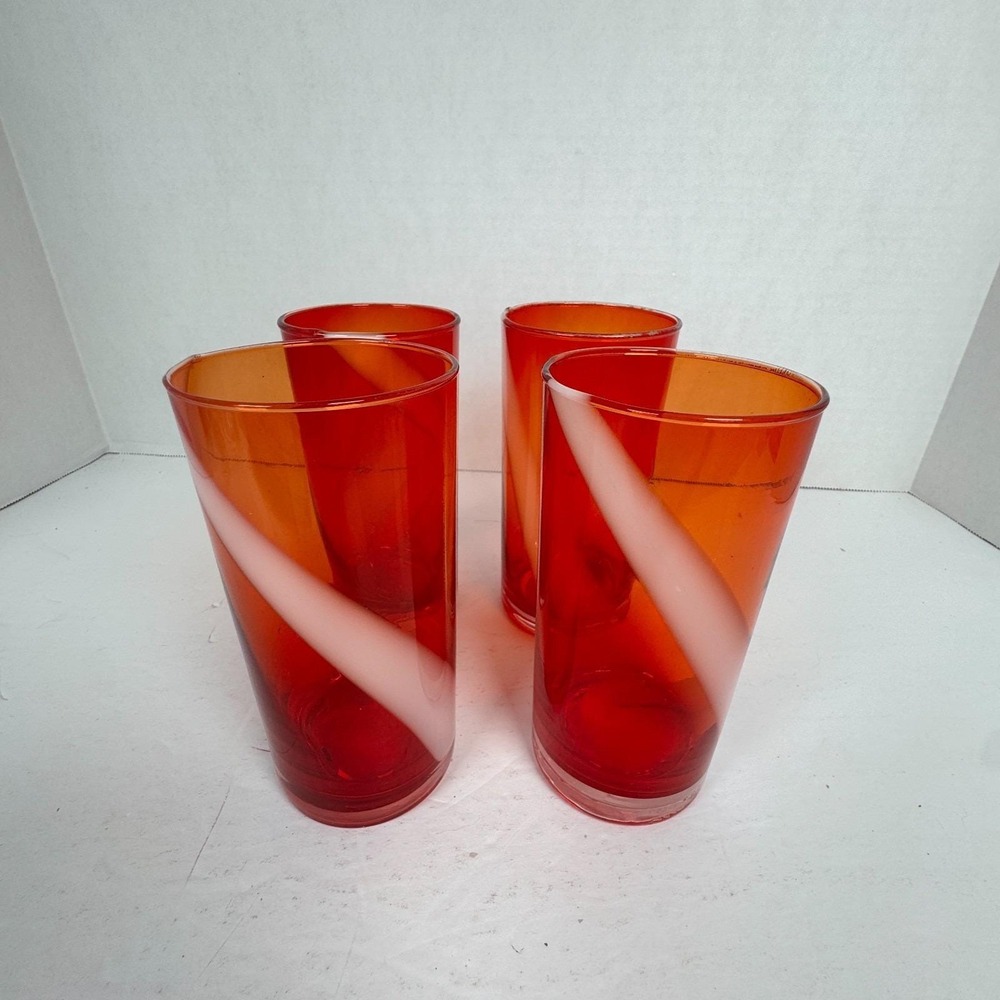 Vintage Mid Century Modern Juice Glasses Orange White Swirl Design 5.5" Lot of 4